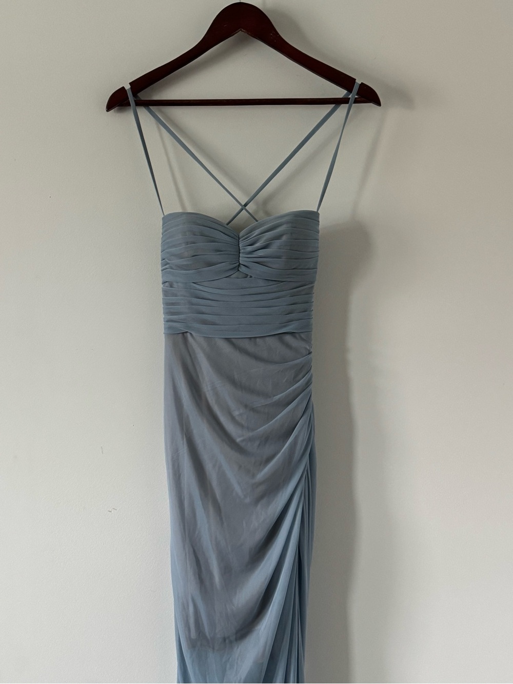 Azazie Size A4 Slate Blue Ruched Mesh Lace Up Back Bridesmaid Gown Maxi Dress